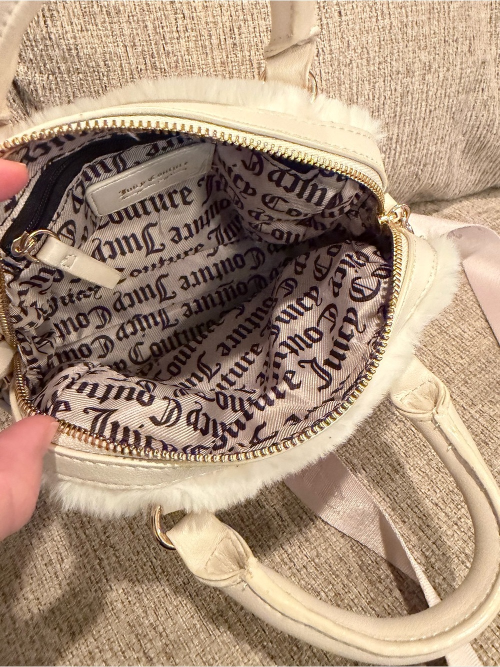 Juicy Couture Ivory Faux Fur Mini Satchel with Logo Strap & Mini Pouch - Picture 8 of 9
